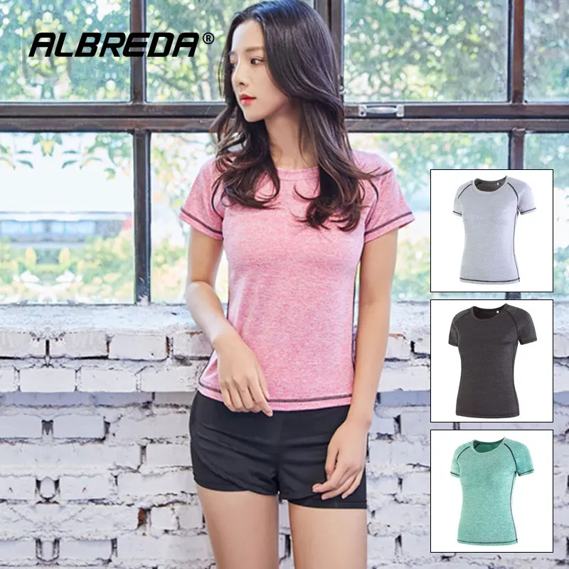 ALBREDA размера плюс, Женская дышащая футболка для йоги, для тренажерного зала, для тренировок, летние футболки для фитнеса, бега, спортивная рубашка, женская спортивная одежда