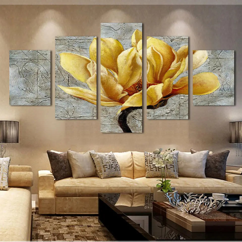 

Large Framed Modern Indoor Flower Golden Orchid print canvas decoration 5 pieces
