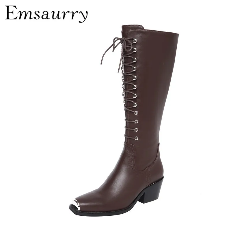 

New Autumn Knight Boots Square Toe With Metal Decor Chunky Heel Jeniune Leather Cross-tied Knee High Boots Women