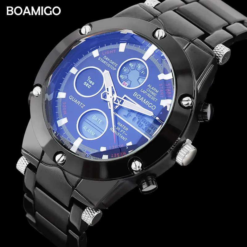 Мужские спортивные часы BOAMIGO, мужские стальные часы, черный браслет, светодиодный, цифровые наручные часы, аналоговые кварцевые часы, подарок, часы, Reloj Hombre