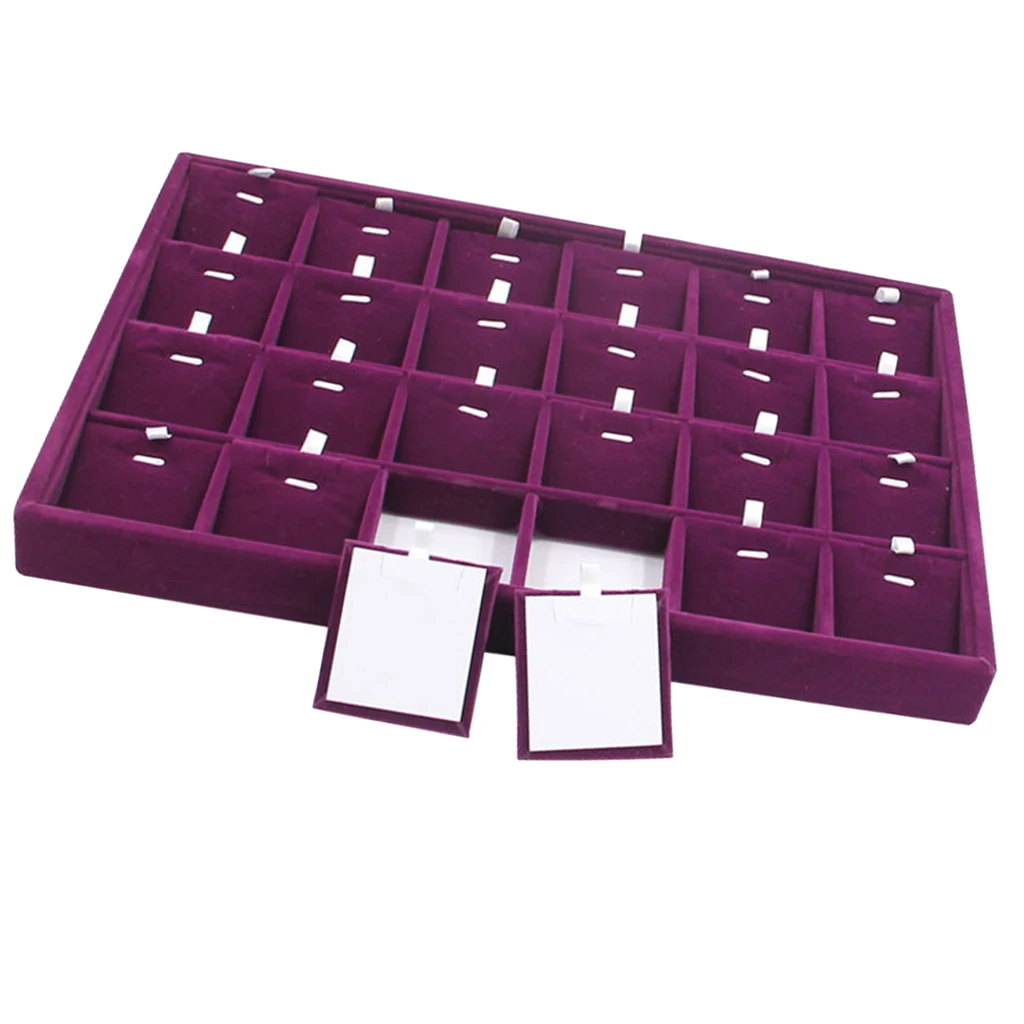 Multifunctional 12/24 Compartment Display Jewelry Showcase Tray Purple Velvet Removable Insert Pillow Card