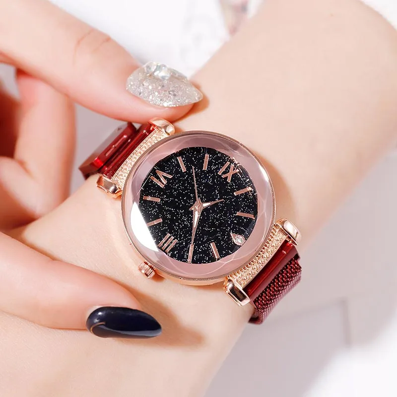 

Women Quartz Watch Roman Numerals Dial with Magnetic Buckle Mesh Alloy Band KQS8
