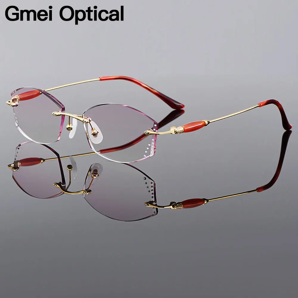 

Gmei Optical Fashion Pure Titanium Women Diamond Trimming Rimless Golden Glasses Frame With Gradient Tinted Plano Lenses Q26028