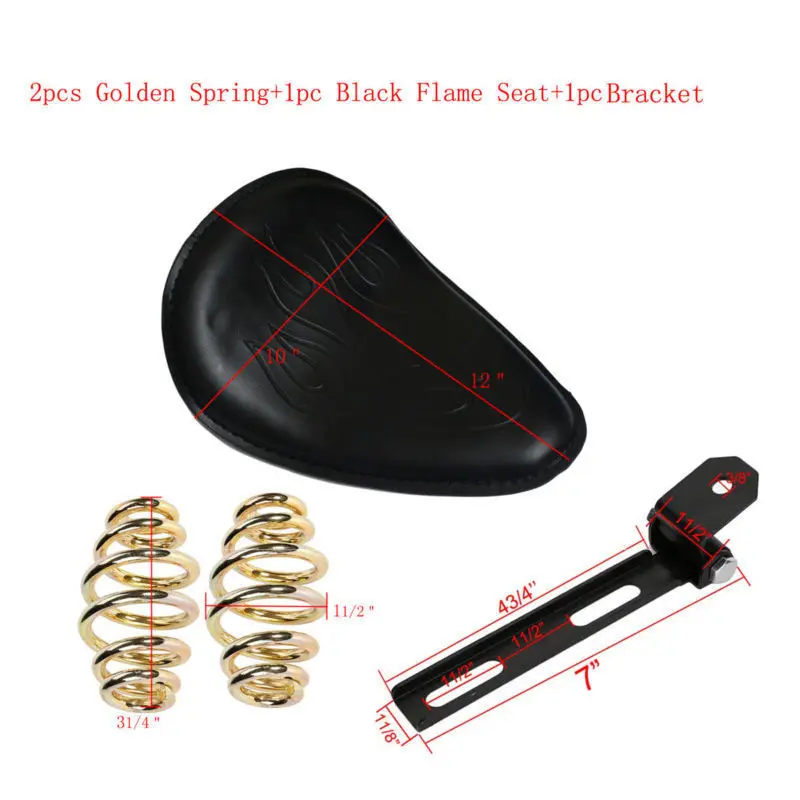 

Black Flame 10"x12" Solo Seat 3" Gold Spring Bracket Motorcycle For Harley Chopper Bobber Custom Honda Yamaha Kawasaki Suzuki