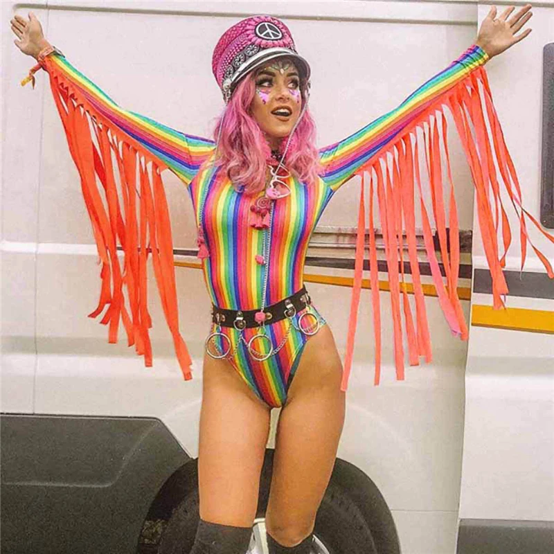 

Colorful Rainbow Stripes Bodysuits Women O Neck Long Sleeve Jumpsuits With Orange Long Tassels Rave Festival Clothing Clubwear