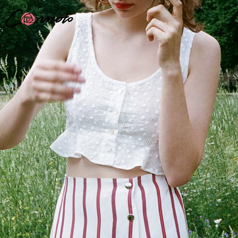 

Conmoto Casual White Embroidery Women Crop Tops and Blouse 2019 Summer Sexy See Through Thin Shirt Beach Holiday Blouse