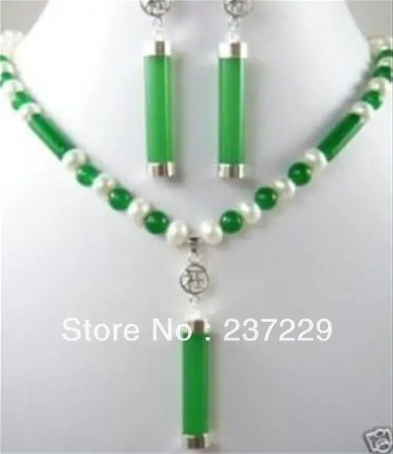 

Wholesale price FREE SHIPPING aBeautiful white pearl green jade earrings necklace AA Netsuke Set