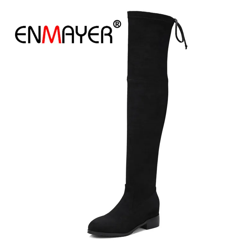 

ENMAYER Cow Suede Autumn Winter Women's Over-the-Knee Boots Fashion Stretch Long Boots Med heels Shoes Lace up Thick heels CR746