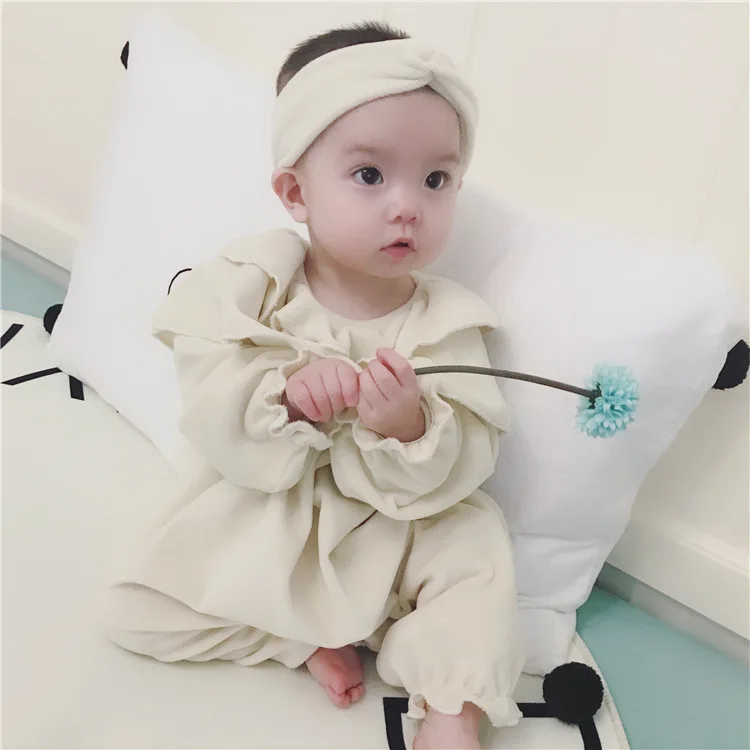 Осенне-зимние корейские Комбинезоны для маленьких девочек милые детские комбинезоны с оборками модная детская одежда повязка на голову