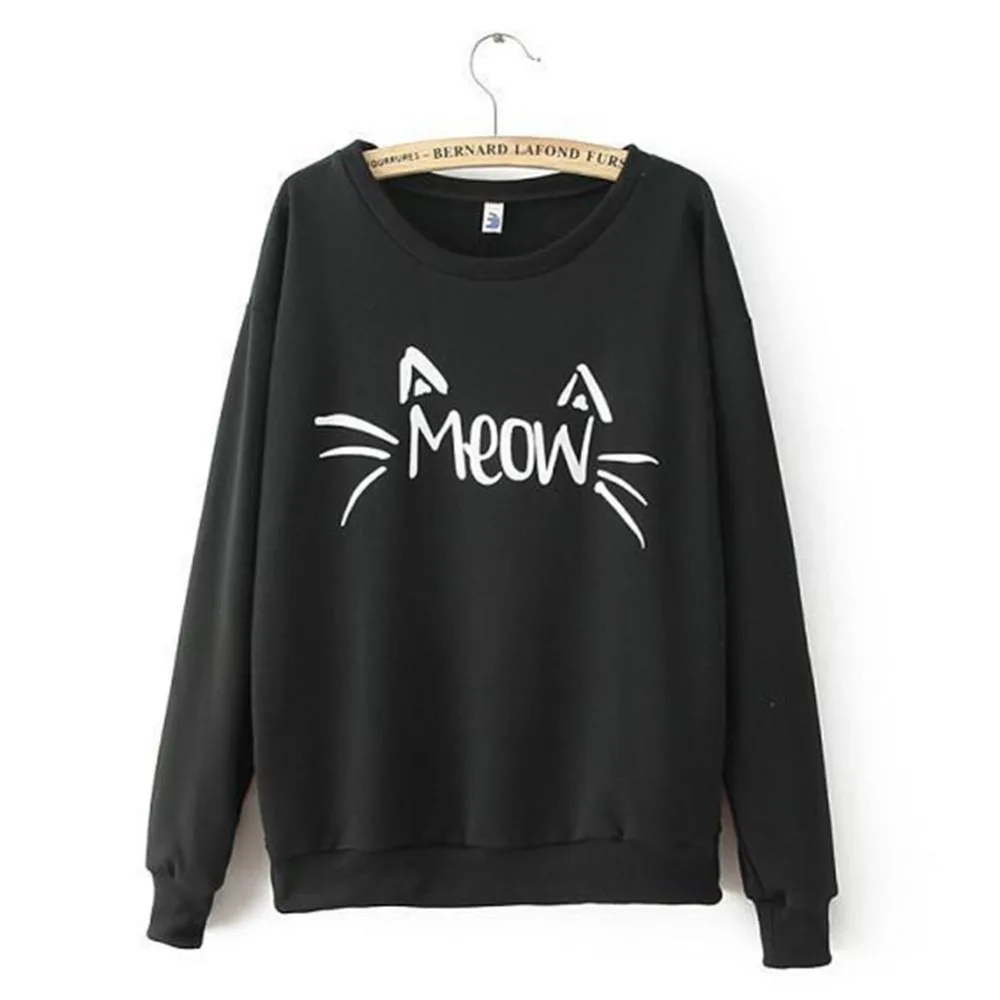 Fashion Cute Cat Print Sweatshirt Women MEOW Print Long Sleeve
