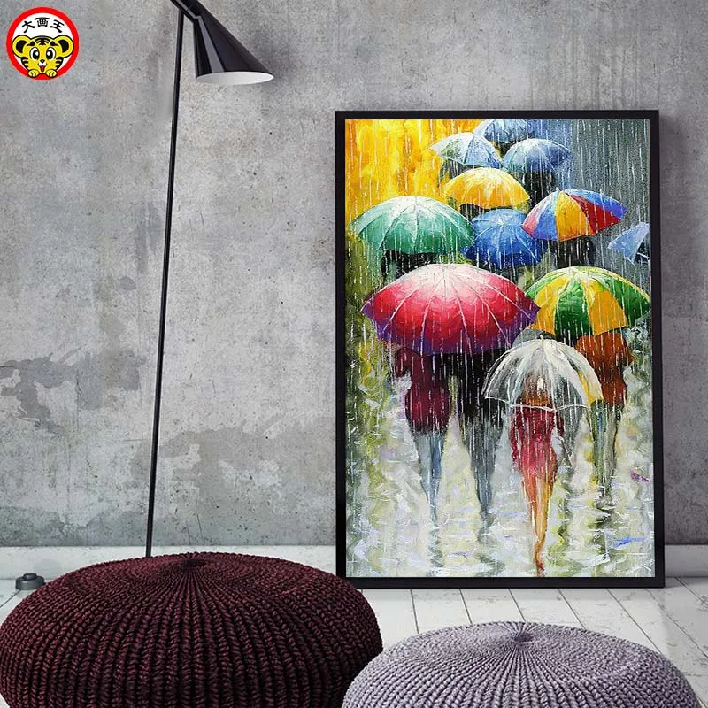 

painting by numbers art paint by number DIY landscape rainy day rain umbrella umbrella decompression painting living room