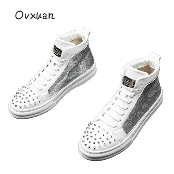 

OVXUAN Men Luxury Motorcycle Ankle Boots Designer High Platform Metal Top Rivet Shiny Glitter Shoes Party Chunky Sneakers 2021