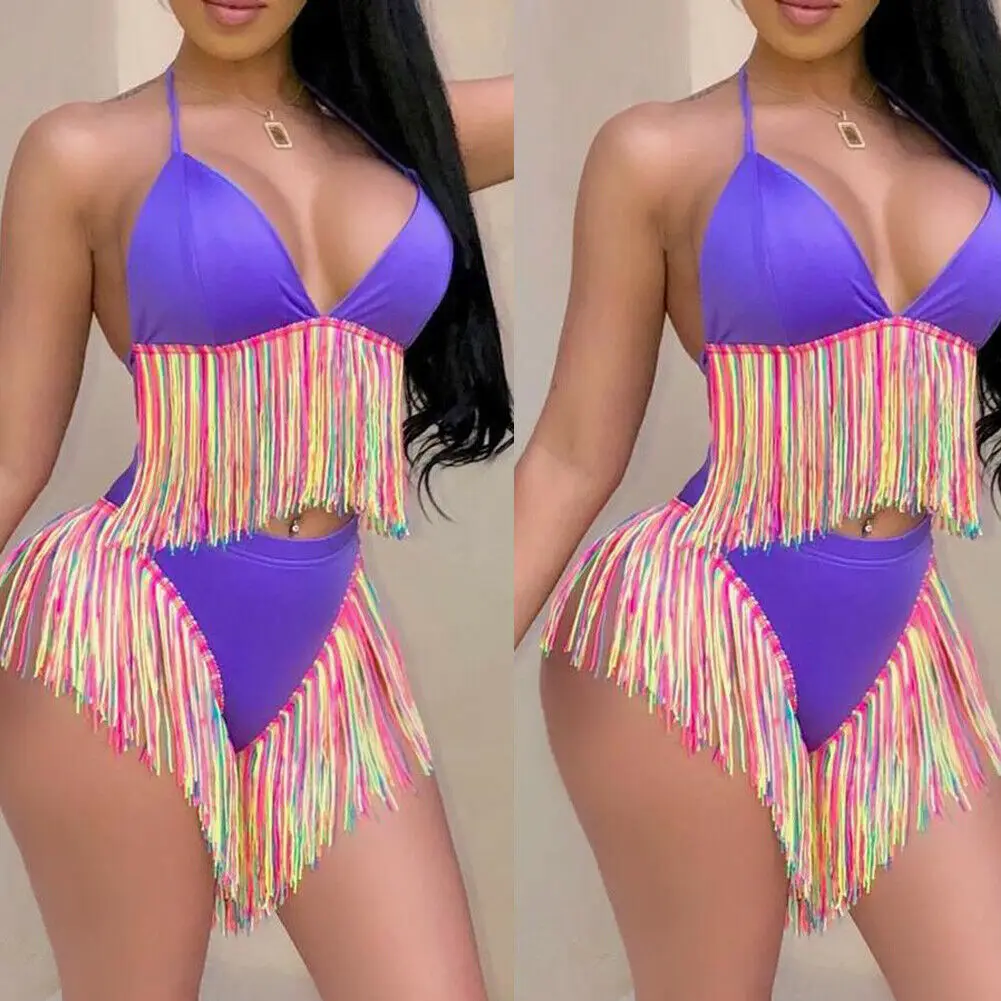 

2019 New Women Summer Sexy Bandage Tassles Bikini Set Push-up Padded Bra High Waist Lace Up Bathing Suit Swimsuit Beachwears