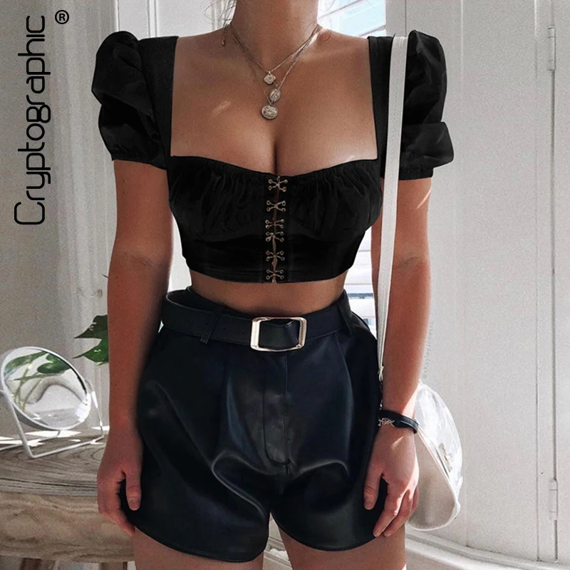 Cryptographic square collar fashion hooks women tops and blouses shirts sexy crop tops cropped shirts puff sleeve short clothes Cryptographic square collar fashion hooks women tops and blouses shirts sexy crop tops cropped shirts puff sleeve short clothes