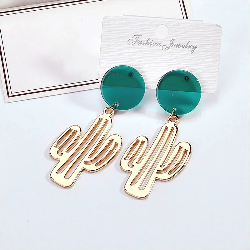 Simple DIY Gold Color Cactus Shaped Pendant Drop Earrings for Women Girls Irregular Fashion Earrings Party Jewelry