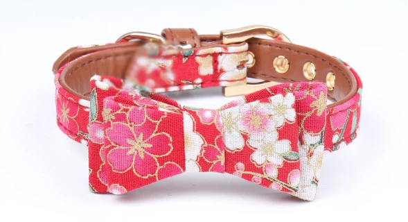 Red Flower Bow Tie Dog Collar And Leash