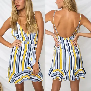 

Women Summer Sleeveless VNeck Mini Dress Striped Sundress Vestido Evening Clubwear Party Beachwear Hot Sundress