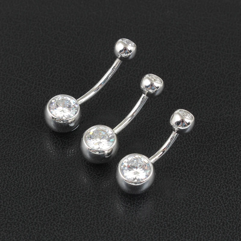 Real 925 sterling silver belly button ring clear double zircon stones body jewelry ball navel bar piercing jewelry free shipping-3