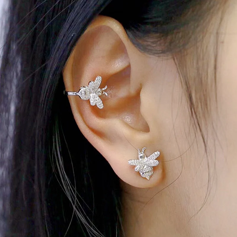

Fashion Bee Animal Cuff Clip Earring Pure 925 Sterling Silver Zircon Women Wedding Monaco Insect Jewelry
