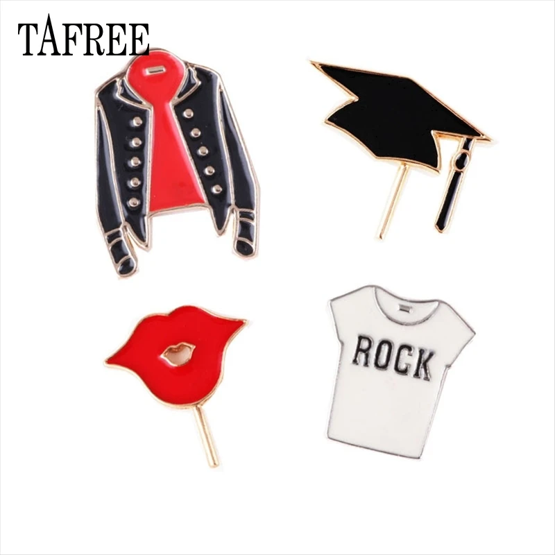 

TAFREE Button Coat,Red lip,PhD hat,Roch T-shirt Shaped Lapel Pins Hard Enamel For Hat Bag Jeans Shirt Jewelry