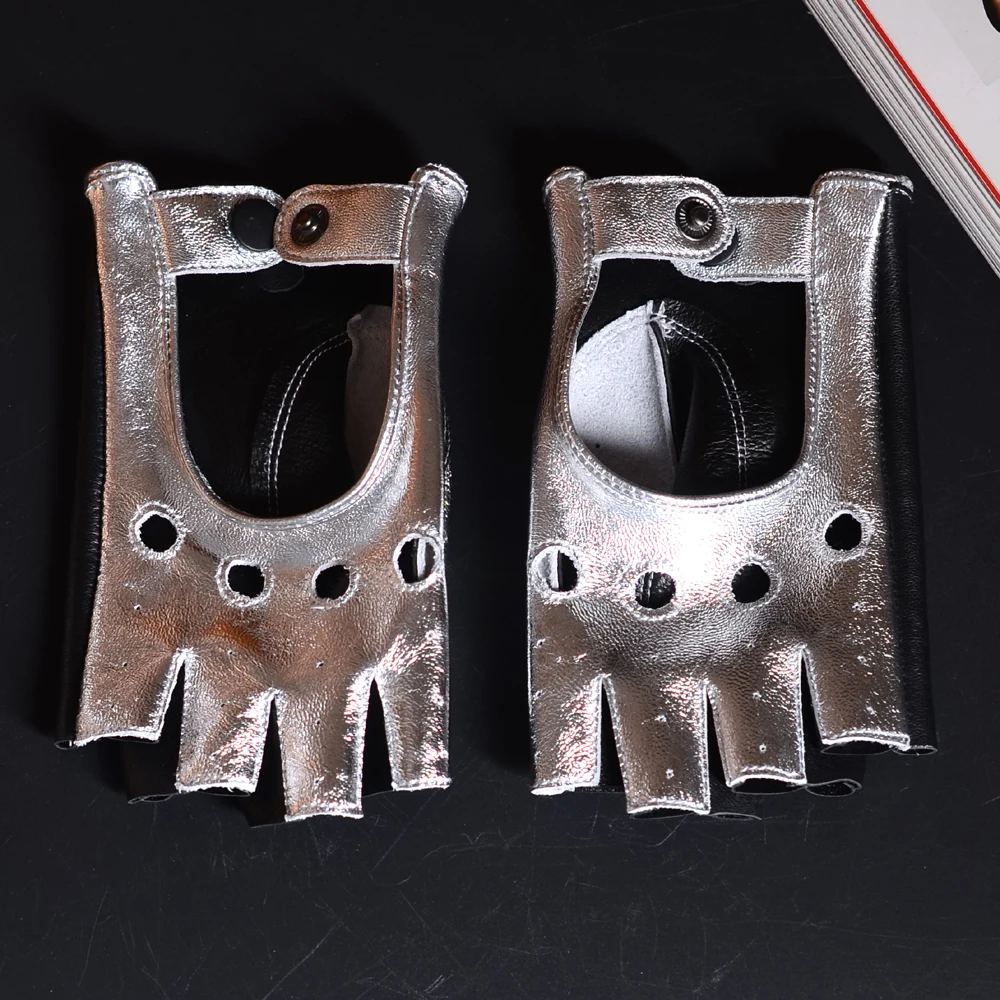 

Women's Ladies Genuine Leather Unlined Double Sides Leather snap-fastener Silver Fingerless Semi-finger Punk Rock Short Gloves