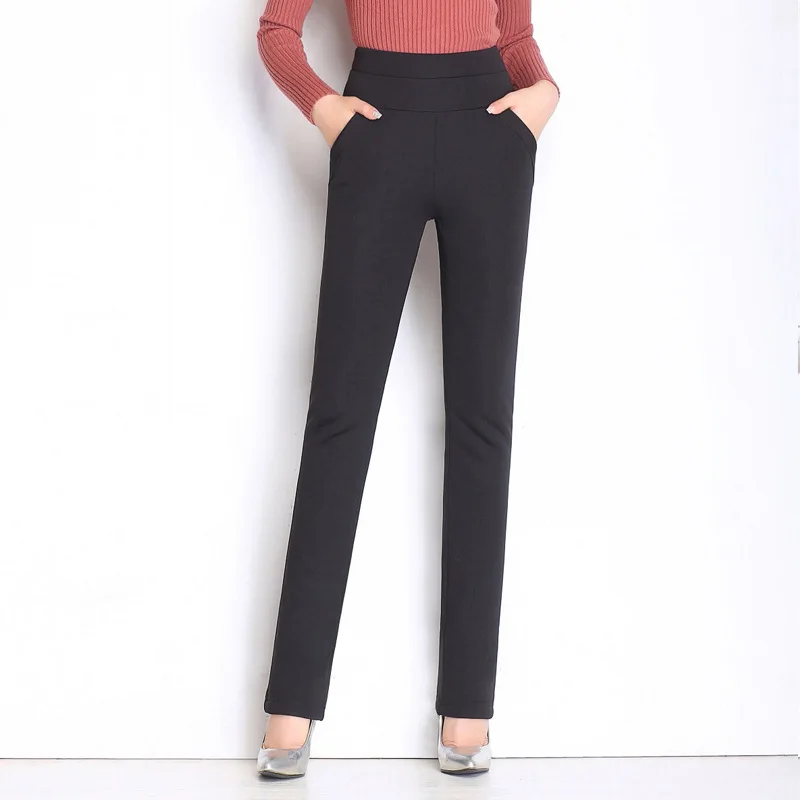 Женские утолщенные теплые бархатные эластичные штаны с высокой талией, облегающие зимние брюки, одноцветные, с подкладкой, двухслойные, размера плюс, эластичная лента - Цвет: Черный