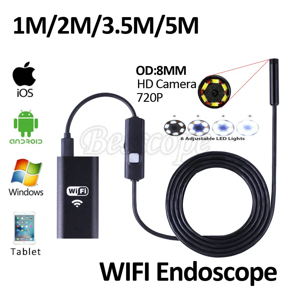 HD720P WIFI Endoscoop Camera 8mm Lens 5 M 3.5 M 2 M 1 M Snake pijp