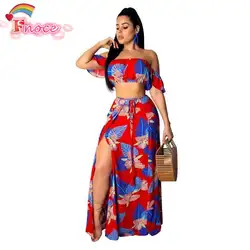 Цветочный принт сексуальный комплект из двух частей летняя одежда для Для женщин Slash шеи спинки Растениеводство Топ + высокая сбоку
