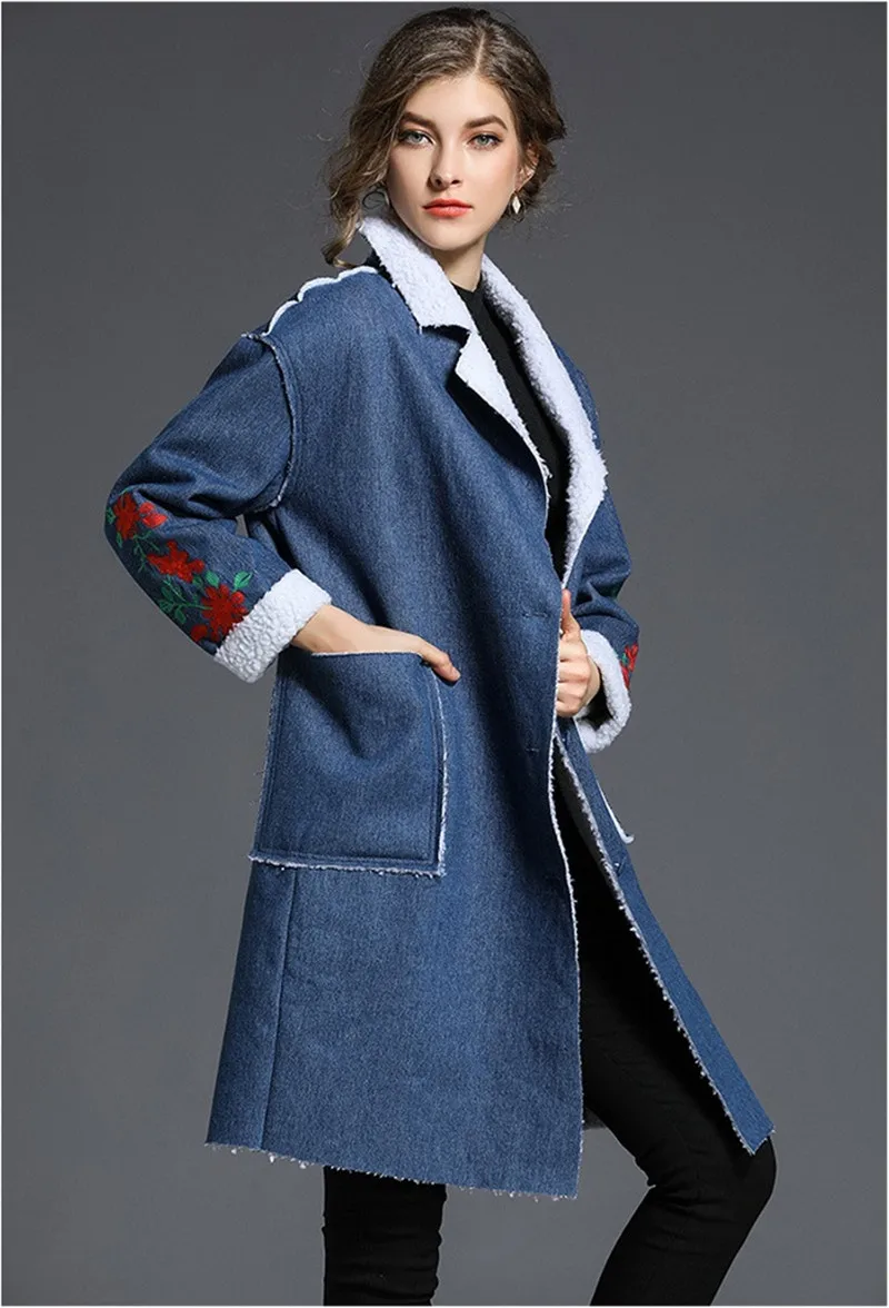 Новый осень-зима Для женщин стекаются джинсовая куртка Пальто для будущих мам модные Вышивка ветровка большой размер теплые ковбойские