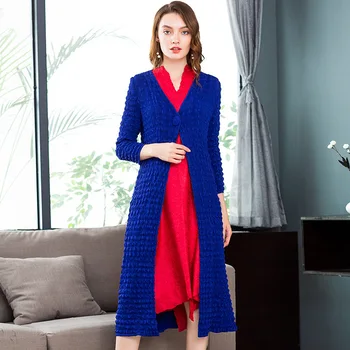 

2018 New Arrival Women Pleated Office Lady Three Quarter Sleeves X-long V-neck Single Button Wide-waisted Solid Trench