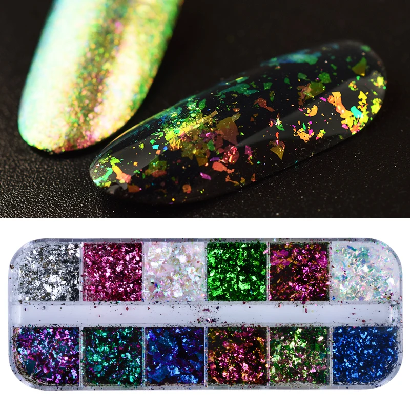 

1 Set 12 Grid Mixed Color Chameleon Nail Art Glitter Powder Irregular Paillette Sequins Holographic Manicure Nail Decor Tip SABS