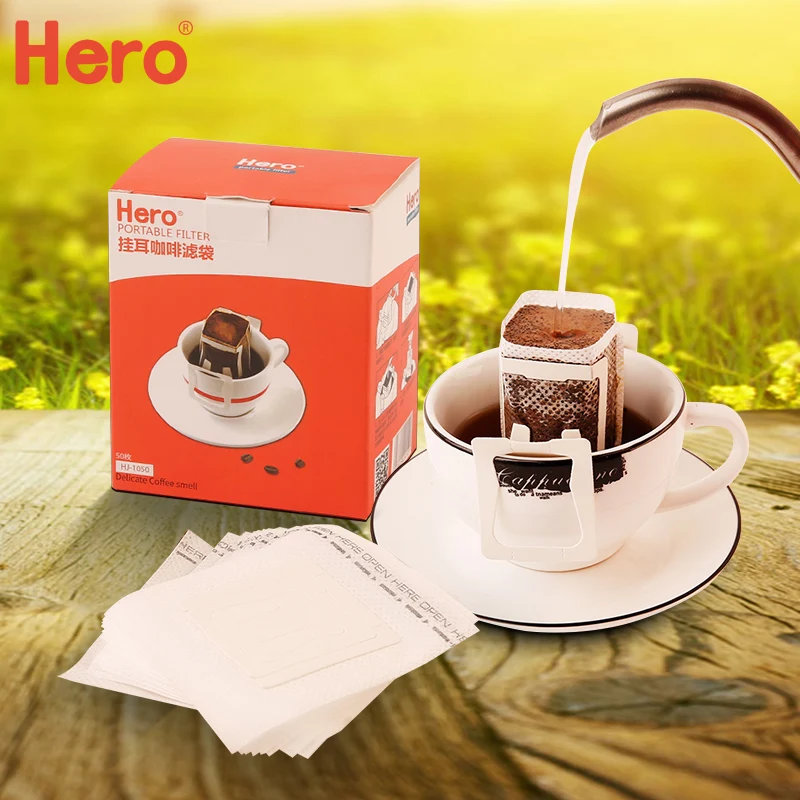  Hero Hand Drip Coffee Hanging Ear Filter Paper Pour Over Coffee Travel Bag 50pcs 