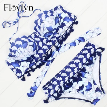 

Floylyn Sexy Floral Print High Waist Swimsuit Tassel Bikini Push Up Swimwear Women Vintage Biquini Bathing Suit Maillot De Bain