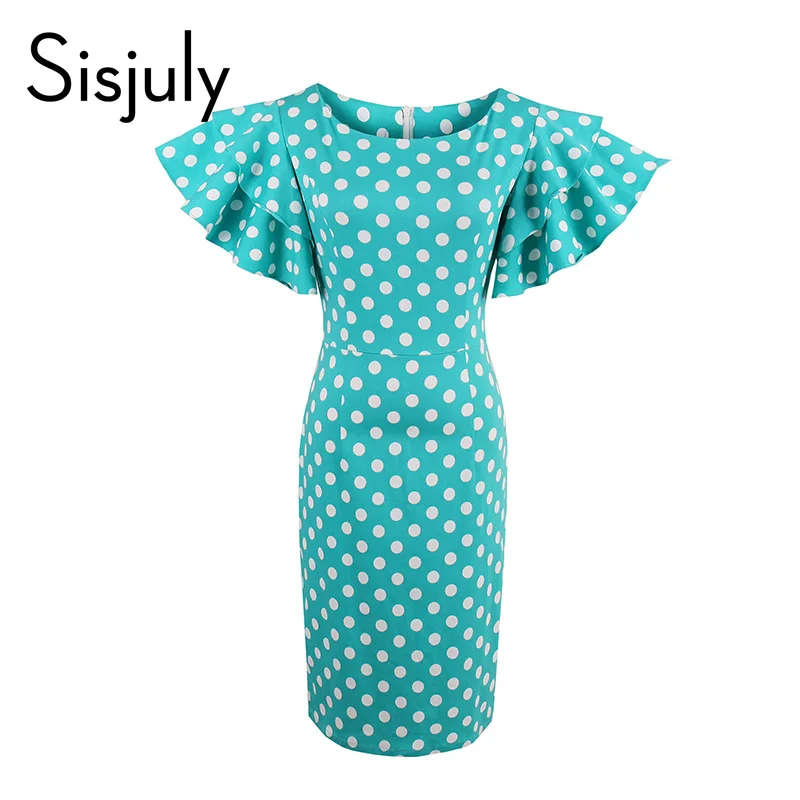 Sisjuly Women Bodycon Dress 2017 Petal Sleeve Cute Blue Dress Female Sheath Pin Up Dot Dress