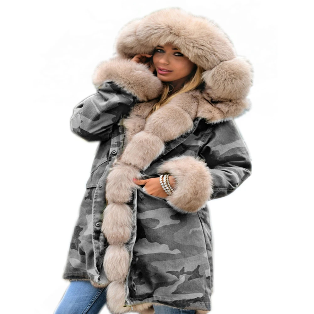 Roiii Ladies Thicken Warm Coat Loose Camouflage Faux Fur Casual Parka ...