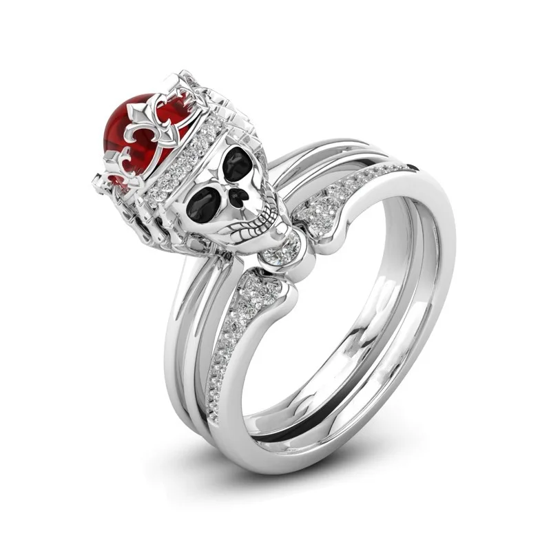 cheap Evil Skeleton Royal king Style Ring Sets For Women Men Red Zircon CZ Band Party Punk Gothic Fashion Silver Jewelry Dropshipping