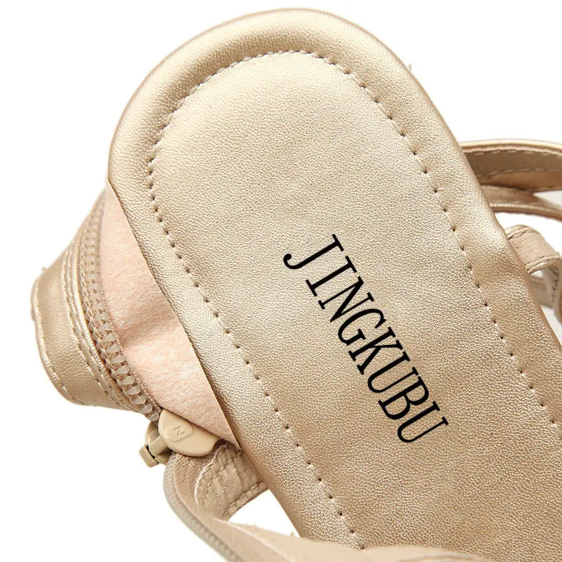 JINGKUBU/Популярные летние сандалии с открытым носком и вырезами, женская обувь на плоской подошве, эластичные пикантные сандалии-гладиаторы на высоком каблуке на молнии, новинка года