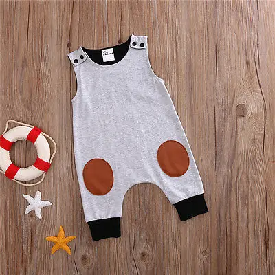 2017NewbornKidsBabyBoyGirlInfantSleevelessPatchworkRomperShoulderButtonJumpsuitSunsuitClothesOutfit