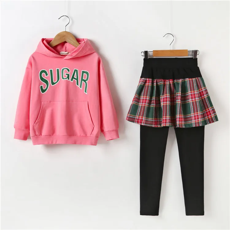 Комплекты одежды для девочек Стильный Модный комплект для девочек: свитер с принтом+ мини-юбка в клетку+ леггинсы комплект из 3 предметов, костюмы для девочек