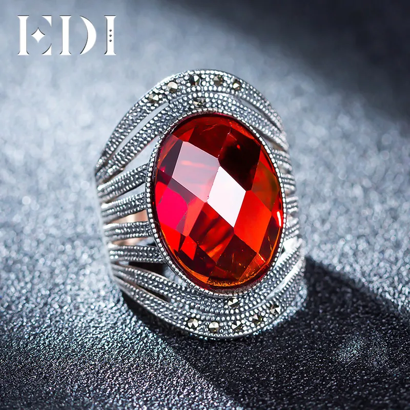 

EDI Vintage Red Garnet 925 Sterling Silver Ring For Women Bohemia Cutting Surface Retro Fine Jewelry