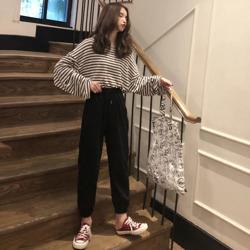 

Korean Style 2 Piece Set Women Loose Personality With Hollow Stripes T-shirts Ankle-length Pants Casual Two Piece Set