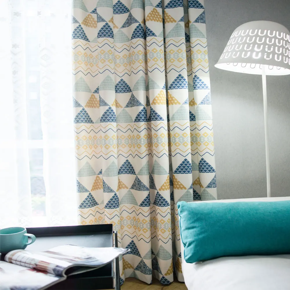 

Cotton Polyester Fabric Custom Half Shading Morden Blue Yellow Triangle Window Curtains for Living Room Kitchen Drapery
