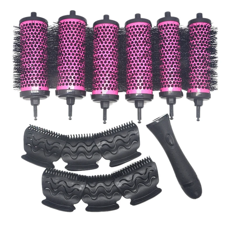 

NEW-6pcs/set 3 Sizes Detachable Handle Hair Roller Brush with Positioning Clips Aluminum Ceramic Barrel Curler Comb Hairdresse