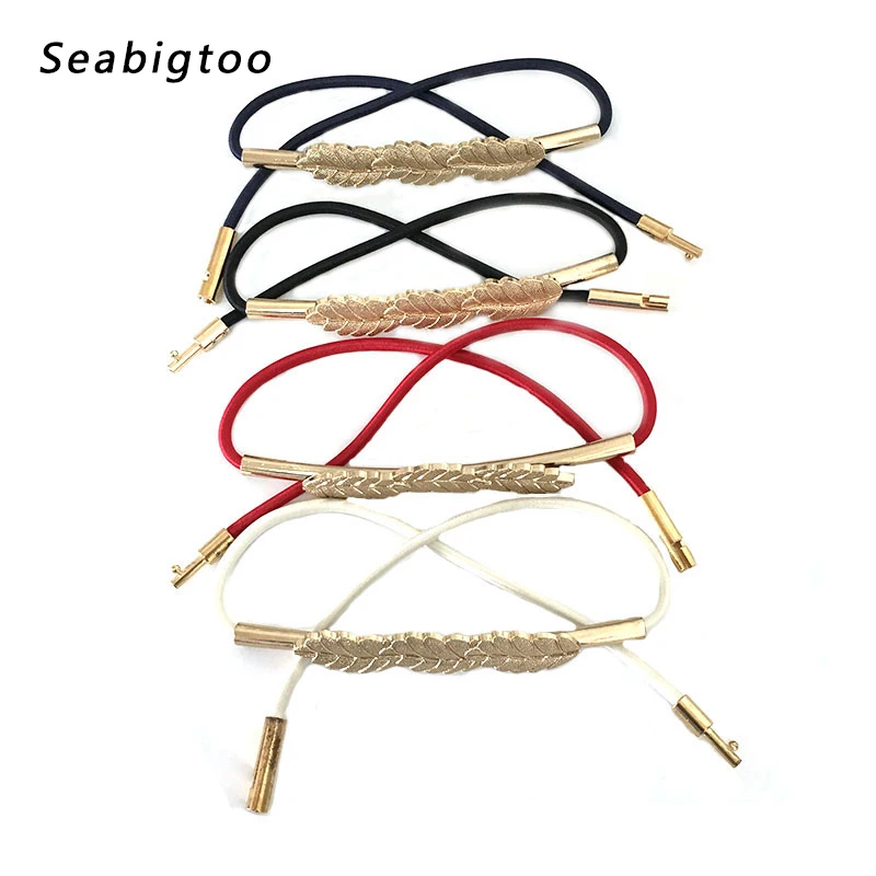 Elastic rope tie belts for women leaves gold metal buckle belts female
