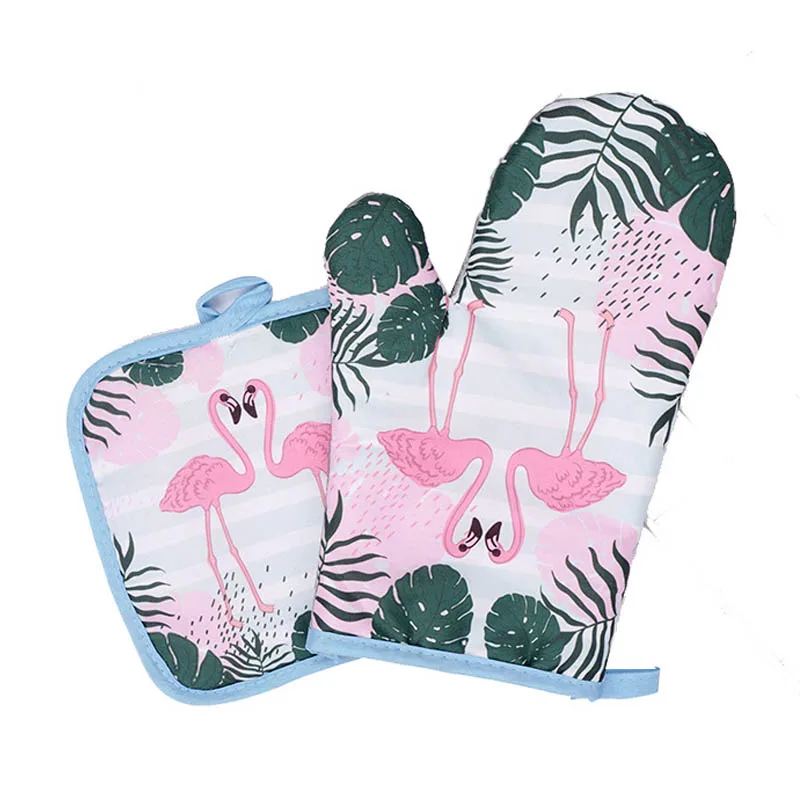 Baking Pad Kitchen Accessories Anti-hot Flamingo Pattern Baking Gloves Heat Resistant 2Pcs Microwave Insulation Mat Portable