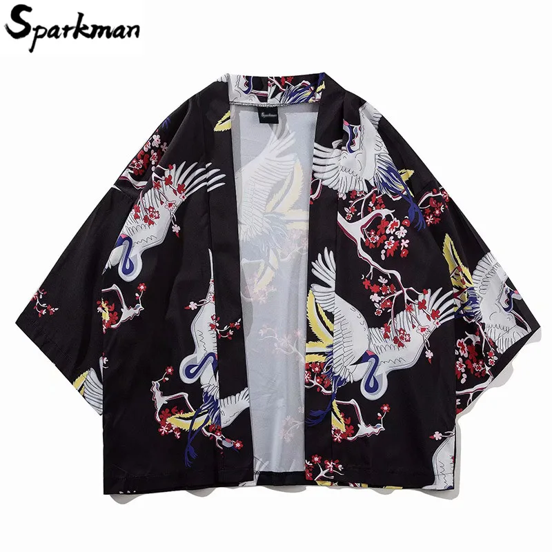 Japanese Style Harajuku Crane Plum Blossom Print Kimono Jackets 2018 Autumn Casual Mens Streetwear Jacket Coat Summer Thin Gown Japanese Style Harajuku Crane Plum Blossom Print Kimono Jackets 2018 Autumn Casual Mens Streetwear Jacket Coat Summer Thin Gown