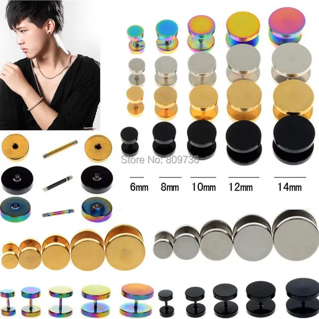 2pcs Mens Barbell Punk Gothic 6 14mm Stainless Steel Ear Studs Fake 2pcs Mens Barbell Punk Gothic 6 14mm Stainless Steel Ear Studs Fake Plug Stretcher