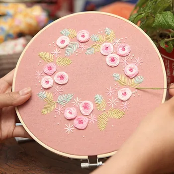 

DIY 3D Embroidery Flower Handwork Needlework For Beginner Cross Stitch Kit Ribbon Painting Embroidery Hoop Home Decor