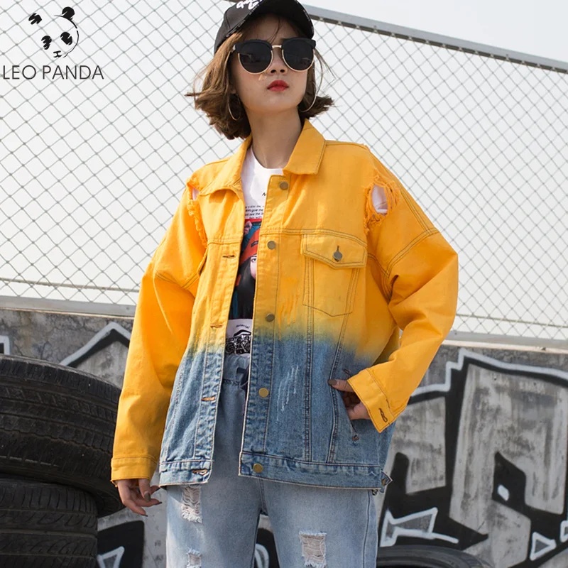 

2019 Spring Autumn Jean Jacket Female Lapel Long Sleeve Yellow Hit Color Loose Plus Size Denim Jackets Women Coat Fashion Tide