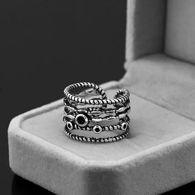 Anenjery Vintage Fashion Thai Silver Multilayer Black Hemp Rope Opening Rings 925 Sterling Silver Men Women Ring S-R356